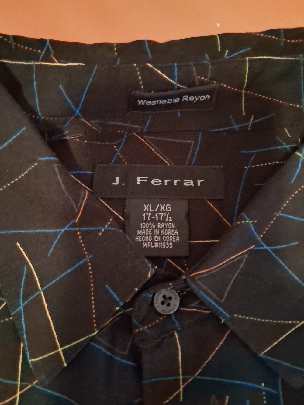 Vintage J. Ferrar Men’s XL  Geometric/Rayon Short Sleeve Blk Collared Polo Shirt - Picture 4 of 5